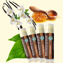 Load image into Gallery viewer, SPF Lip Balm 4-Pack by Earth's Daughter - Lip Sunscreen, SPF 15, Organic Ingredients, Vanilla Flavor, Beeswax, Coconut Oil, Vitamin E - Hypoallergenic, Paraben Free, Gluten Free
