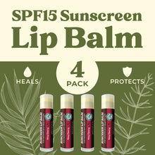 Load image into Gallery viewer, SPF Lip Balm 4-Pack by Earth's Daughter - Lip Sunscreen, SPF 15, Organic Ingredients, Cherry Flavor, Beeswax, Coconut Oil, Vitamin E - Hypoallergenic, Paraben Free, Gluten Free…