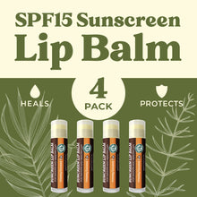Load image into Gallery viewer, SPF Lip Balm 4-Pack by Earth's Daughter - Lip Sunscreen, SPF 15, Organic Ingredients, Coconut Flavor, Beeswax, Coconut Oil, Vitamin E - Hypoallergenic, Paraben Free, Gluten Free, New