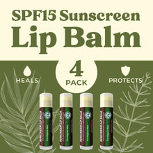 Load image into Gallery viewer, SPF Lip Balm 4-Pack by Earth's Daughter - Lip Sunscreen, SPF 15, Organic Ingredients, Eucalyptus Mint Flavor, Beeswax, Coconut Oil, Vitamin E - Hypoallergenic, Paraben Free, Gluten Free