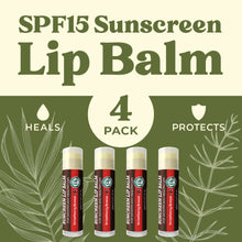 Load image into Gallery viewer, SPF Lip Balm 4-Pack by Earth's Daughter - Lip Sunscreen, SPF 15, Organic Ingredients, Strawberry Flavor, Beeswax, Coconut Oil, Vitamin E - Hypoallergenic, Paraben Free, Gluten Free
