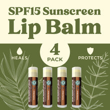 Load image into Gallery viewer, SPF Lip Balm 4-Pack by Earth's Daughter - Lip Sunscreen, SPF 15, Organic Ingredients, Vanilla Flavor, Beeswax, Coconut Oil, Vitamin E - Hypoallergenic, Paraben Free, Gluten Free
