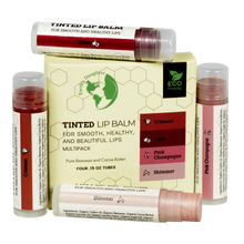 Load image into Gallery viewer, Tinted Lip Balm by Earth’s Daughter – 4 Pack of Assorted Colors – Beeswax, Coconut Oil, Cocoa Butter, Vitamin E – Moisturize and Beautify – Paraben Free