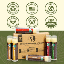 Load image into Gallery viewer, USDA Organic Lip Balm 6-Pack – Fruit Flavors, Beeswax, Coconut Oil, Vitamin E