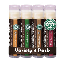 Load image into Gallery viewer, Earth's Daughter SPF 30 Lip Balm Variety 4-Pack with Fresh Mint, Vanilla Bean, Bing Cherry, and Creamy Coconus