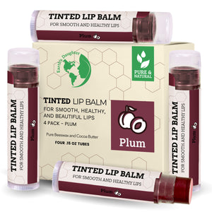 Tinted Lip Balm by Earth’s Daughter – 4 Pack of Plum Color – Beeswax, Coconut Oil, Cocoa Butter, Vitamin E – Moisturize and Beautify – Paraben Free