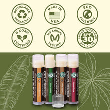 Load image into Gallery viewer, Earth's Daughter SPF 30 Lip Balm Variety 4-Pack with Fresh Mint, Vanilla Bean, Bing Cherry, and Creamy Coconus