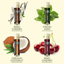 Load image into Gallery viewer, Earth's Daughter SPF 30 Lip Balm Variety 4-Pack with Fresh Mint, Vanilla Bean, Bing Cherry, and Creamy Coconus