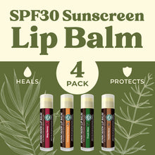 Load image into Gallery viewer, Earth's Daughter SPF 30 Lip Balm Variety 4-Pack with Fresh Mint, Vanilla Bean, Bing Cherry, and Creamy Coconus
