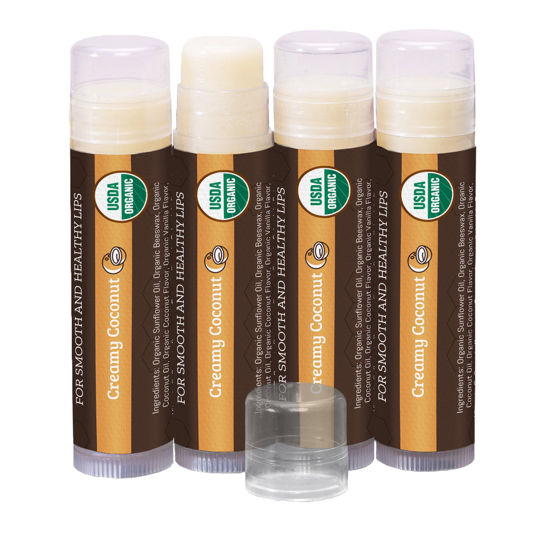USDA Organic Lip Balm 4-Pack – Creamy Coconut Flavor with Beeswax, Coconut Oil, Vitamin E