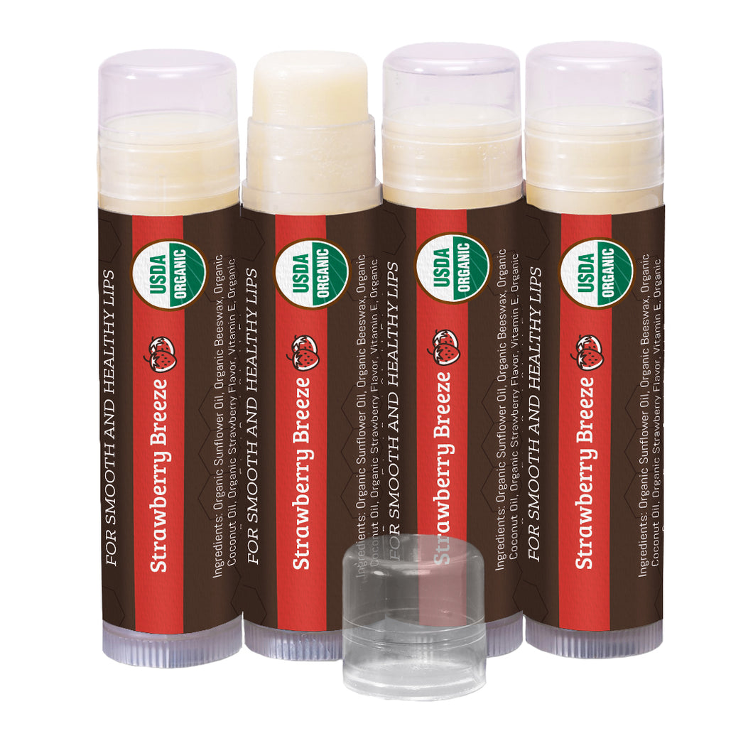 USDA Organic Lip Balm 4-Pack – Strawberry Breeze Flavor with Beeswax, Coconut Oil, Vitamin E