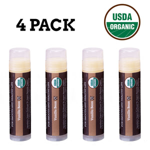 USDA Organic Lip Balm 4-Pack – Vanilla Flavor with Beeswax, Coconut Oil, Vitamin E