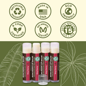 SPF Lip Balm 4-Pack by Earth's Daughter - Lip Sunscreen, SPF 15, Organic Ingredients, Cherry Flavor, Beeswax, Coconut Oil, Vitamin E - Hypoallergenic, Paraben Free, Gluten Free…