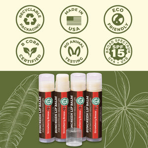 SPF Lip Balm 4-Pack by Earth's Daughter - Lip Sunscreen, SPF 15, Organic Ingredients, Strawberry Flavor, Beeswax, Coconut Oil, Vitamin E - Hypoallergenic, Paraben Free, Gluten Free