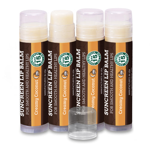 SPF Lip Balm 4-Pack by Earth's Daughter - Lip Sunscreen, SPF 15, Organic Ingredients, Coconut Flavor, Beeswax, Coconut Oil, Vitamin E - Hypoallergenic, Paraben Free, Gluten Free, New