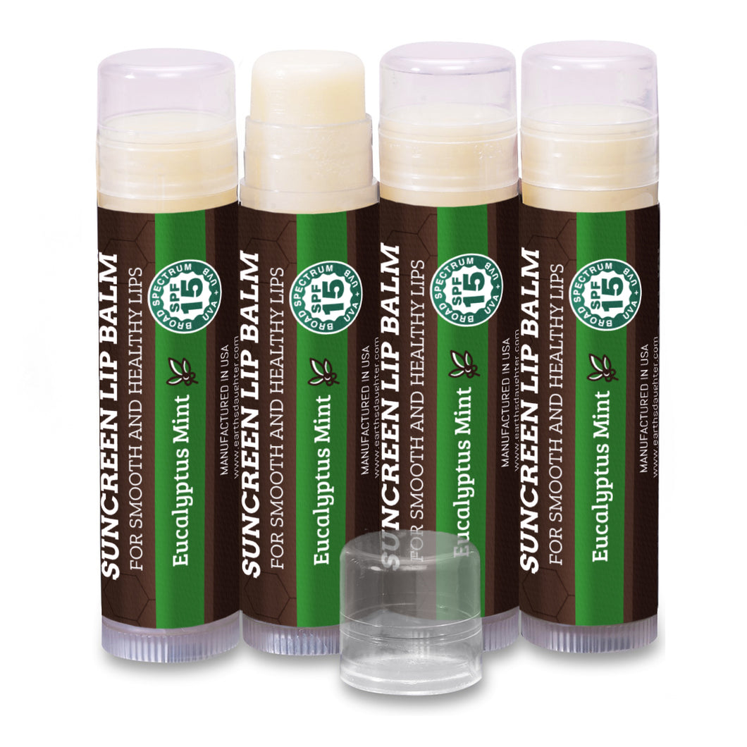 SPF Lip Balm 4-Pack by Earth's Daughter - Lip Sunscreen, SPF 15, Organic Ingredients, Eucalyptus Mint Flavor, Beeswax, Coconut Oil, Vitamin E - Hypoallergenic, Paraben Free, Gluten Free