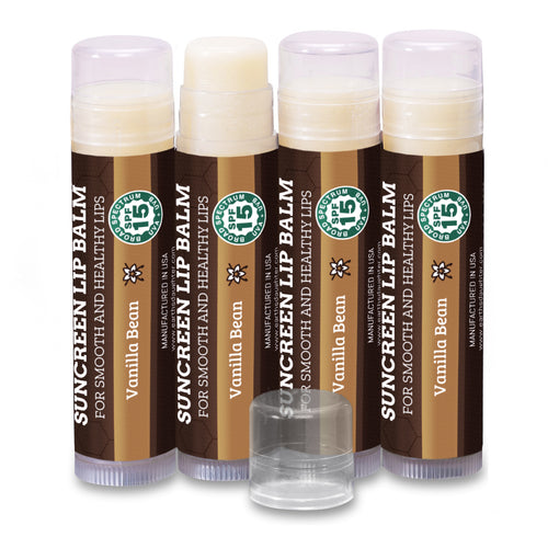 SPF Lip Balm 4-Pack by Earth's Daughter - Lip Sunscreen, SPF 15, Organic Ingredients, Vanilla Flavor, Beeswax, Coconut Oil, Vitamin E - Hypoallergenic, Paraben Free, Gluten Free