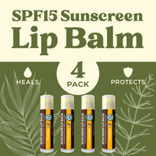 Load image into Gallery viewer, SPF Lip Balm 4-Pack by Earth&#39;s Daughter - Lip Sunscreen, SPF 15, Organic Ingredients, Citrus Flavor, Beeswax, Coconut Oil, Vitamin E - Hypoallergenic, Paraben Free, Gluten Free…