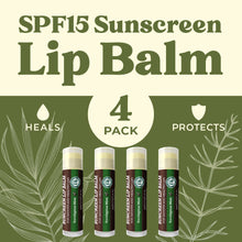Load image into Gallery viewer, SPF Lip Balm 4-Pack by Earth&#39;s Daughter - Lip Sunscreen, SPF 15, Organic Ingredients, Eucalyptus Mint Flavor, Beeswax, Coconut Oil, Vitamin E - Hypoallergenic, Paraben Free, Gluten Free