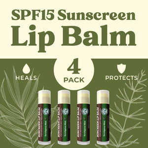 SPF Lip Balm 4-Pack by Earth's Daughter - Lip Sunscreen, SPF 15, Organic Ingredients, Eucalyptus Mint Flavor, Beeswax, Coconut Oil, Vitamin E - Hypoallergenic, Paraben Free, Gluten Free