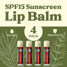 Load image into Gallery viewer, SPF Lip Balm 4-Pack by Earth&#39;s Daughter - Lip Sunscreen, SPF 15, Organic Ingredients, Strawberry Flavor, Beeswax, Coconut Oil, Vitamin E - Hypoallergenic, Paraben Free, Gluten Free