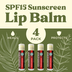 SPF Lip Balm 4-Pack by Earth's Daughter - Lip Sunscreen, SPF 15, Organic Ingredients, Strawberry Flavor, Beeswax, Coconut Oil, Vitamin E - Hypoallergenic, Paraben Free, Gluten Free