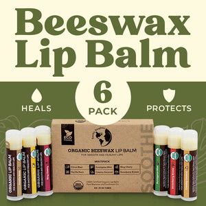 USDA Organic Lip Balm 6-Pack – Fruit Flavors, Beeswax, Coconut Oil, Vitamin E