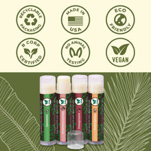 Load image into Gallery viewer, Vegan Lip Balm by Earth’s Daughter, Beeswax Free Lip Balm, Natural, Organic Flavors - 4 Pack of Assorted Flavors, Plant Based Vegan Chapstick, Lip Moisturizer